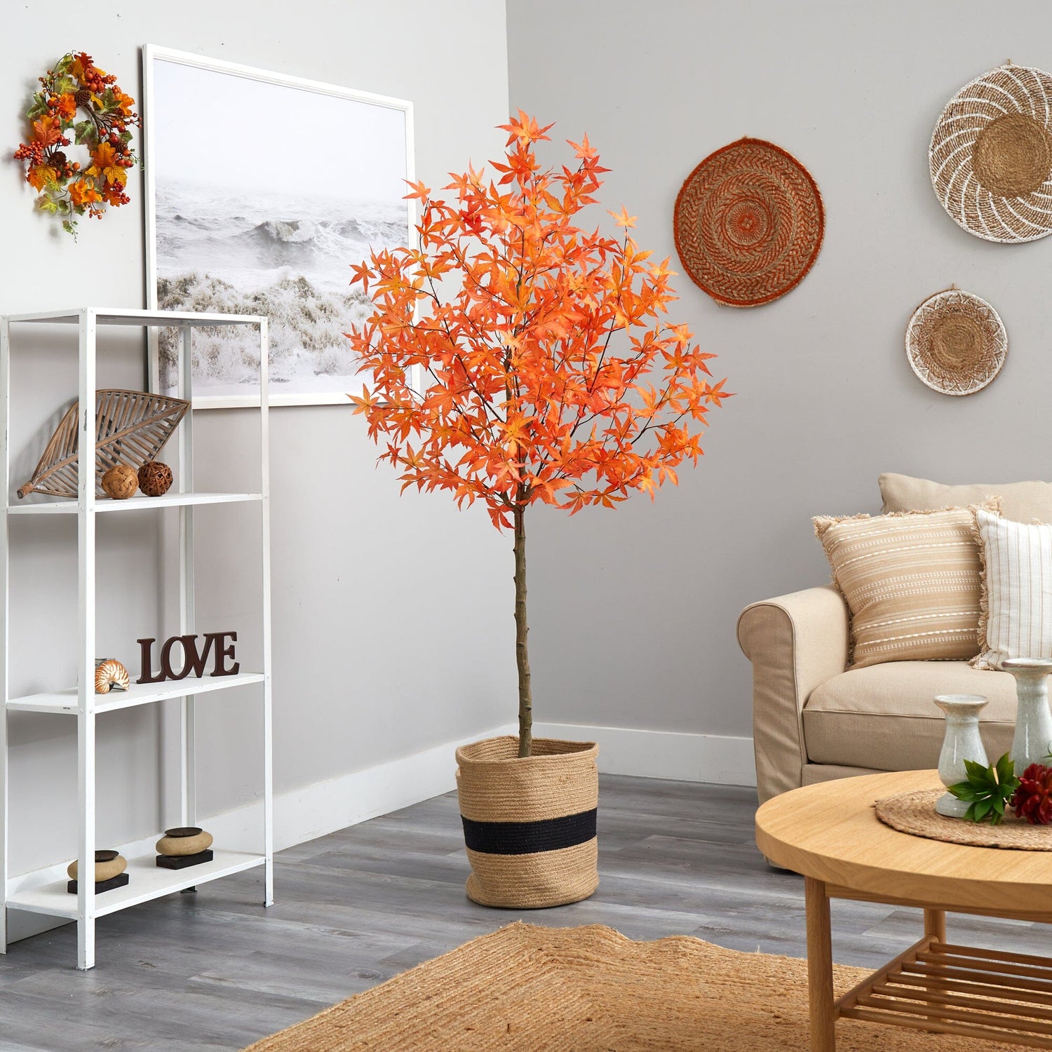 6' Artificial Autumn Maple Tree with Handmade Jute & Cotton Basket