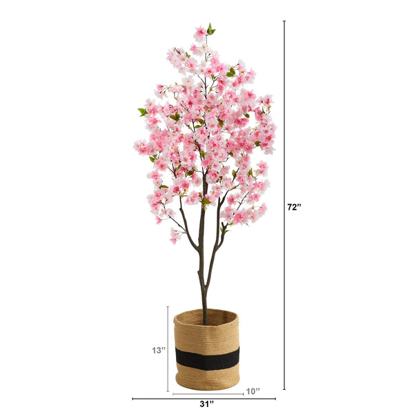 6’ Artificial Cherry Blossom Tree with Handmade Jute & Cotton Basket
