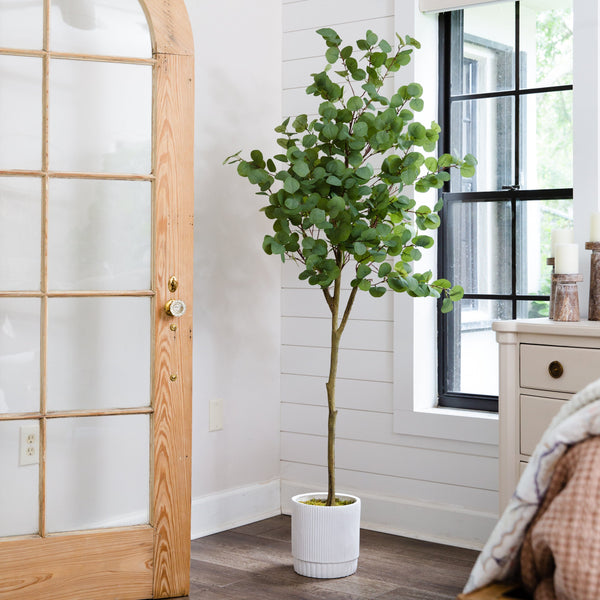 6’ Artificial Eucalyptus Tree with White Decorative Planter