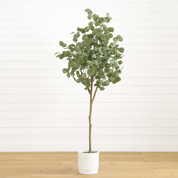 6’ Artificial Eucalyptus Tree with White Decorative Planter