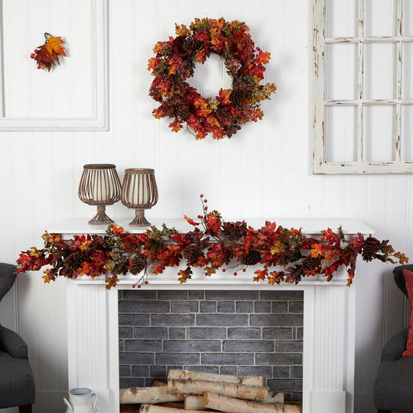 6’ Autumn Maple Leaves, Berry and Pinecones Fall Artificial Garland