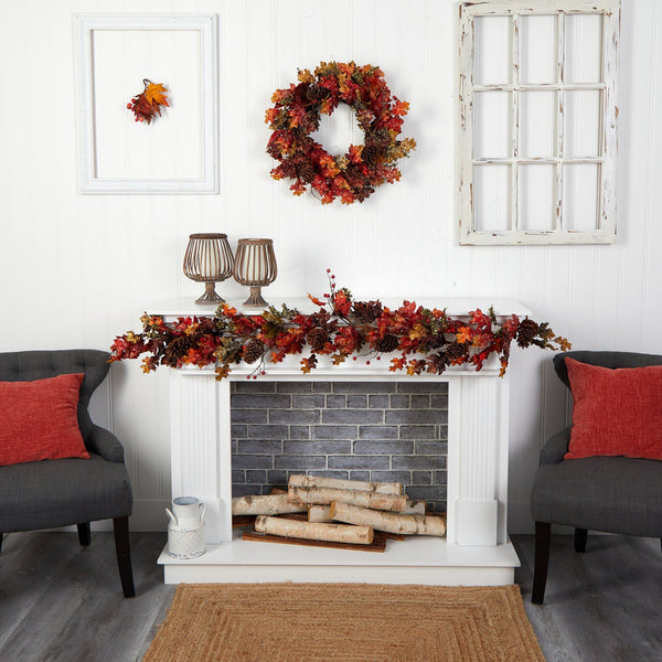 6’ Autumn Maple Leaves, Berry and Pinecones Fall Artificial Garland