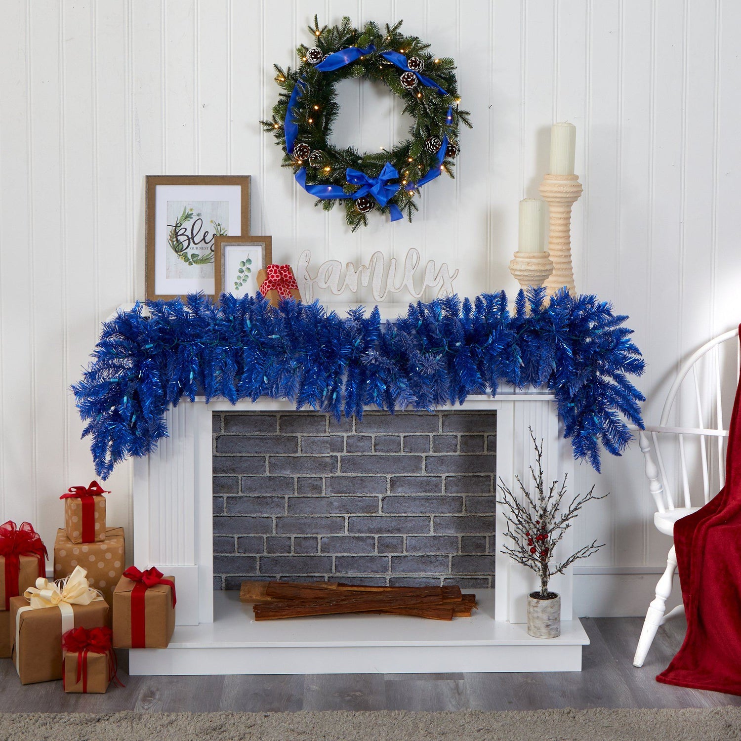 6' Blue Artificial Christmas Garland with 50 Warm White Lights