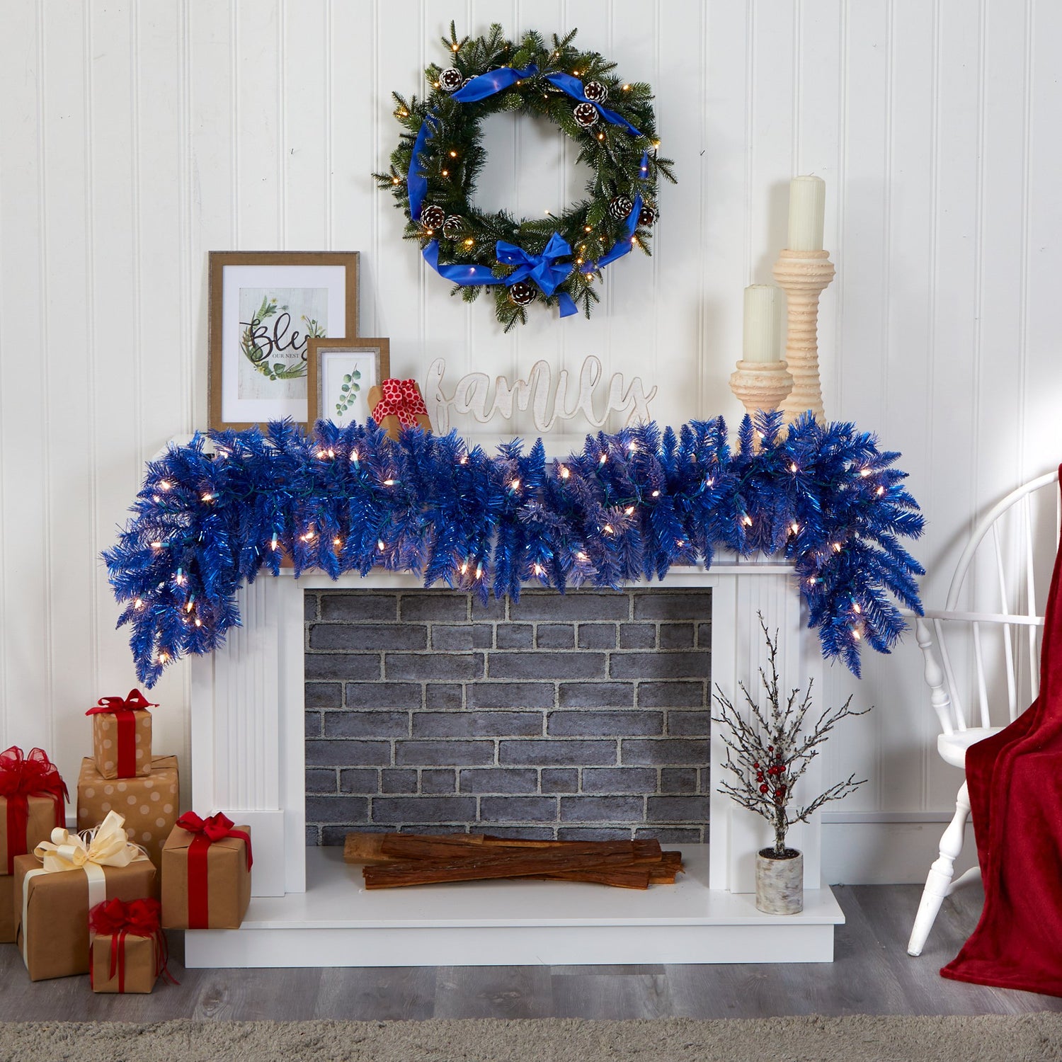 6' Blue Artificial Christmas Garland with 50 Warm White Lights