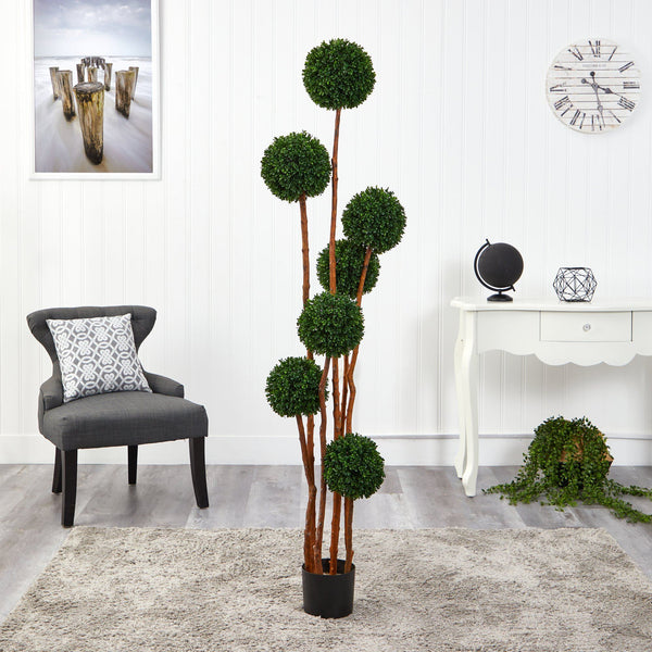 6’ Boxwood Ball Topiary Artificial Tree with Natural Trunk UV Resistant (Indoor/Outdoor)