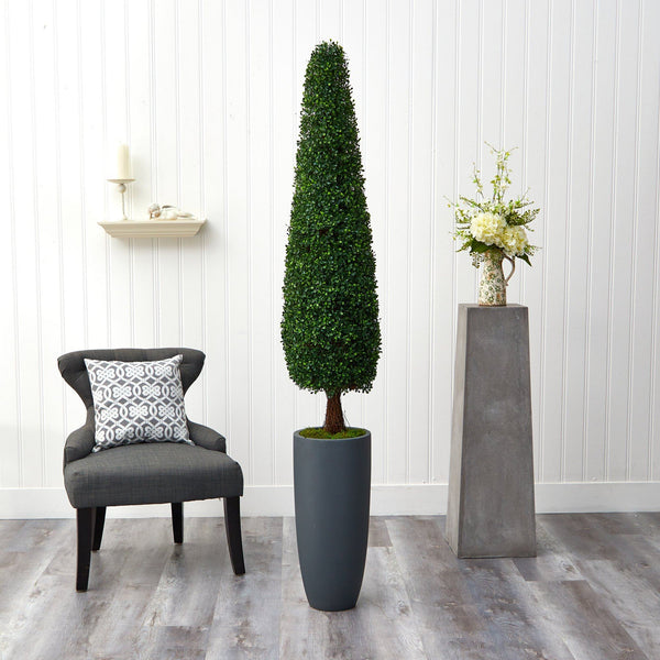 6’ Boxwood Topiary Artificial Tree in Gray Planter (Indoor/Outdoor)