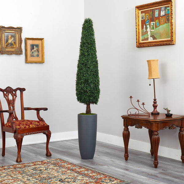 6’ Boxwood Topiary Artificial Tree in Gray Planter (Indoor/Outdoor)