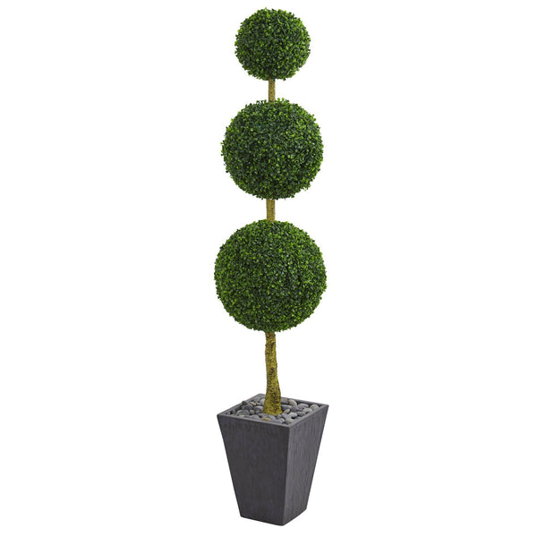6’ Boxwood Triple Ball Topiary Artificial Tree in Slate Planter  (Indoor/Outdoor)