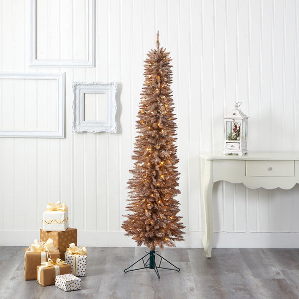 6’ Champagne Pencil Artificial Christmas Tree with 300 (multifunction) Clear LED Lights and 518 Bendable Branches