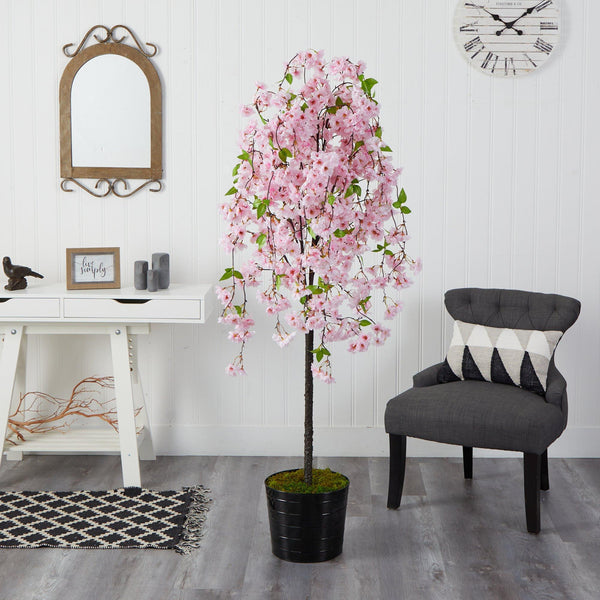 6' Cherry Blossom Artificial Tree in Black Tin Planter