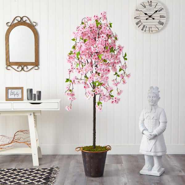 6' Artificial Cherry Blossom Tree in Decorative Metal Pail with Rope