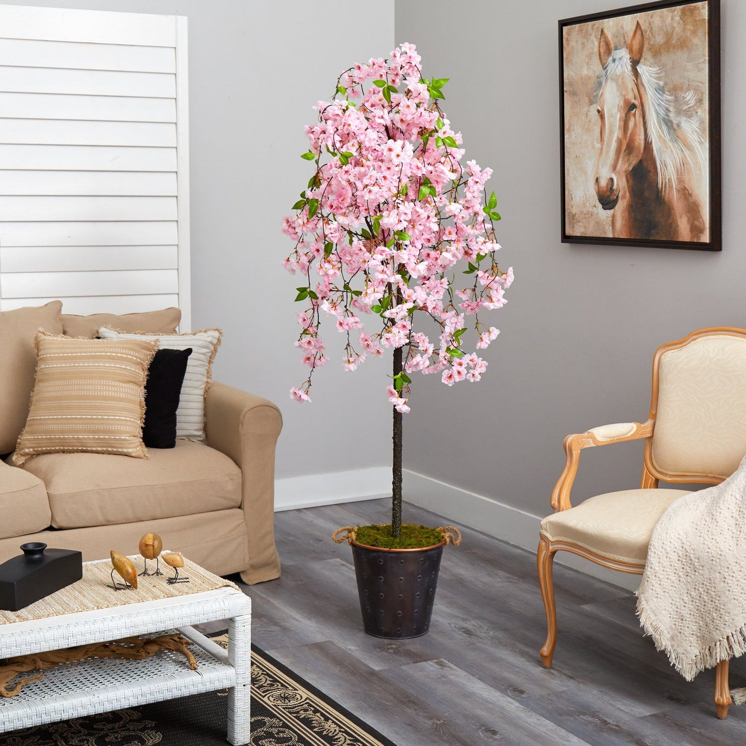 6' Artificial Cherry Blossom Tree in Decorative Metal Pail with Rope