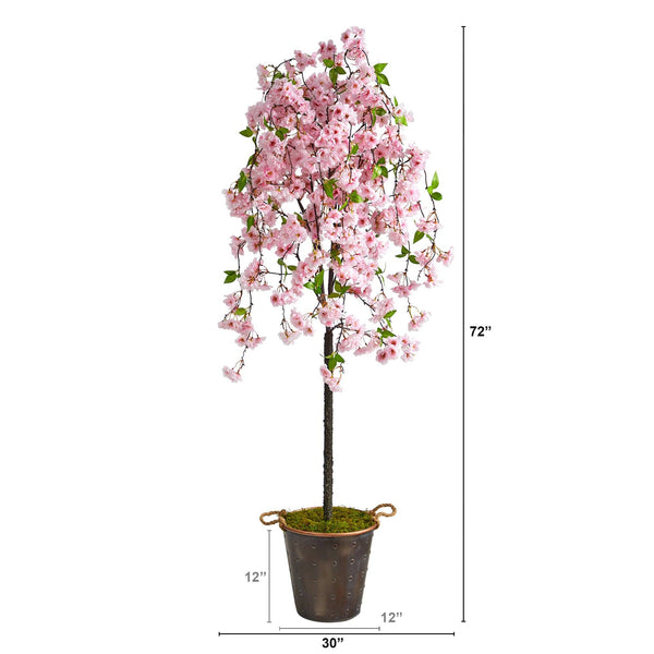 6' Artificial Cherry Blossom Tree in Decorative Metal Pail with Rope