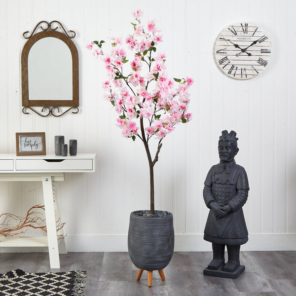 6’ Cherry Blossom Artificial Tree in Gray Planter with Stand