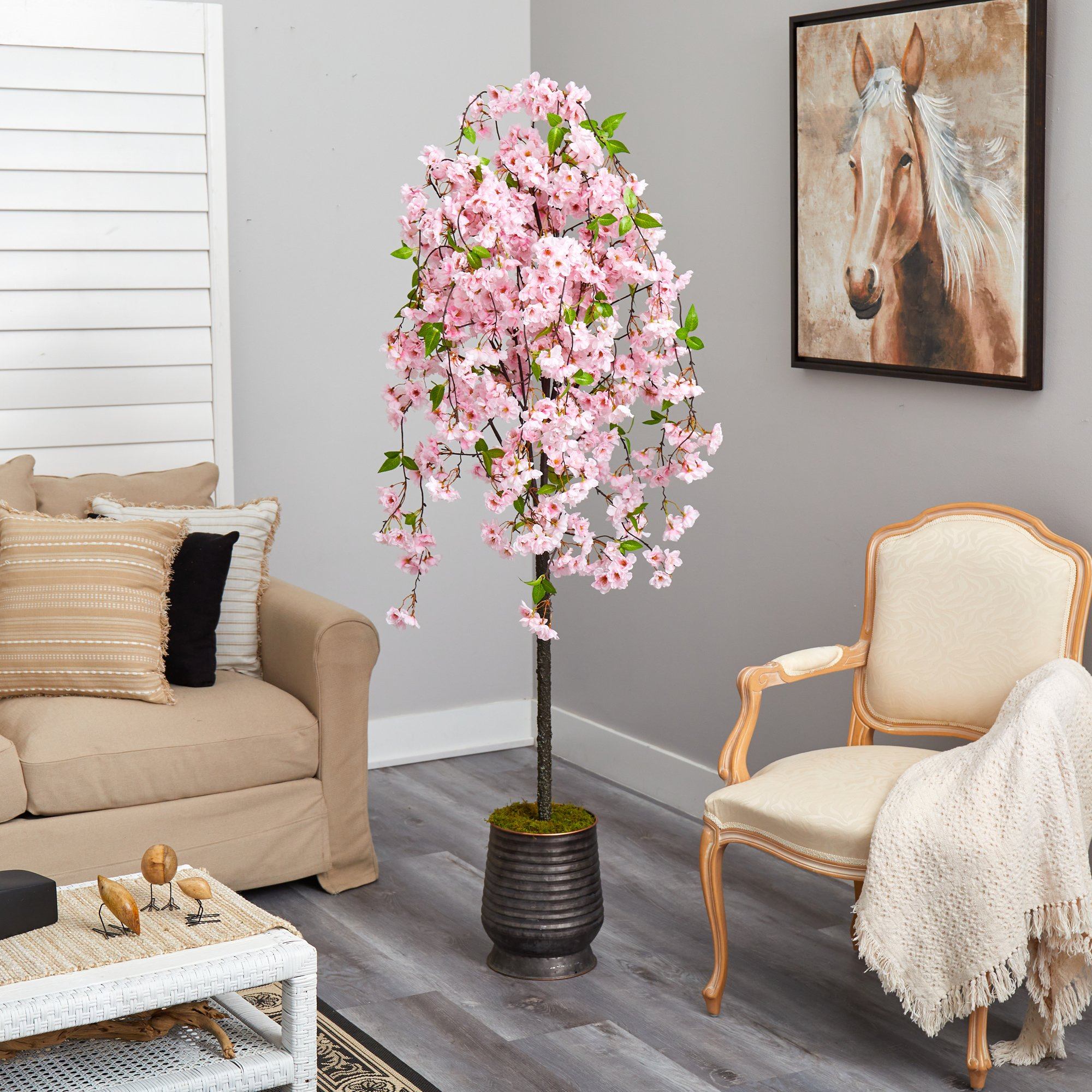 6' Cherry Blossom Artificial Tree in Ribbed Metal Planter | Nearly