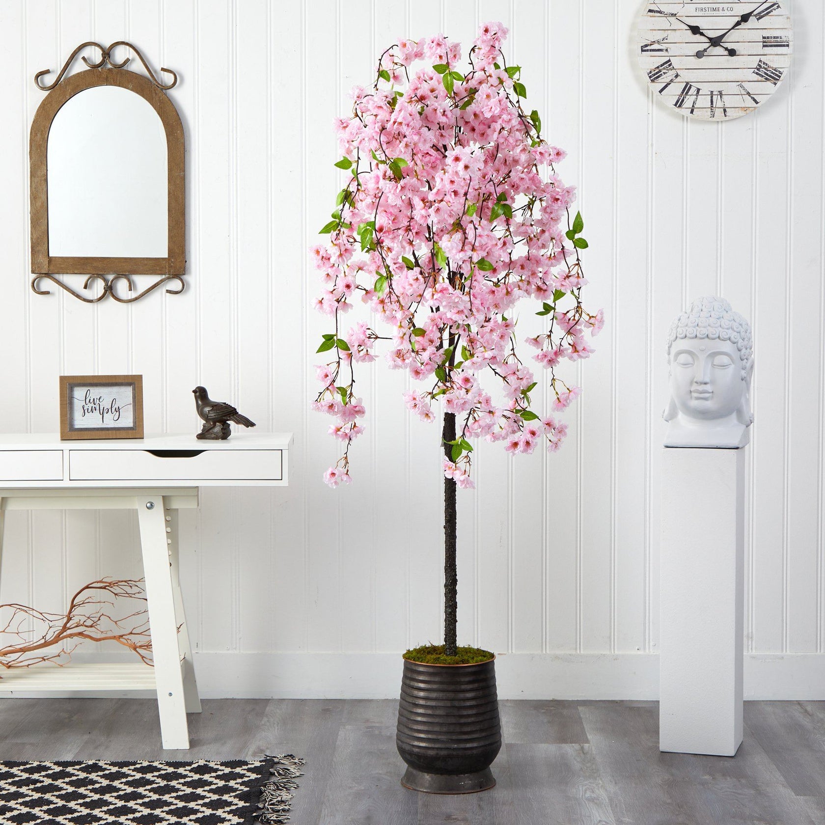 6' Cherry Blossom Artificial Tree in Ribbed Metal Planter | Nearly Natural