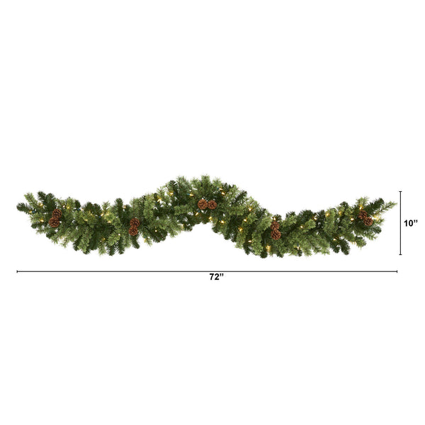 6' Christmas Artificial Garland with 50 Clear LED Lights and Pine Cones