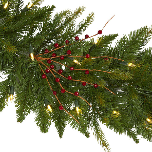 6' Christmas Pine Artificial Garland with 50 Warm White LED Lights and Berries