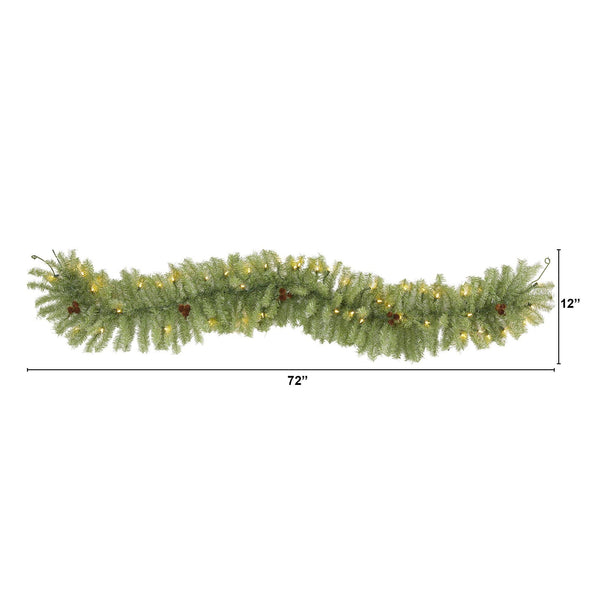 6' Christmas Pine Artificial Garland with 50 Warm White LED Lights and Pine Cones