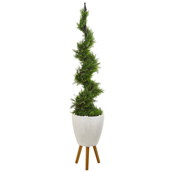 6’ Cypress Artificial Spiral Topiary Tree in White Planter with Stand