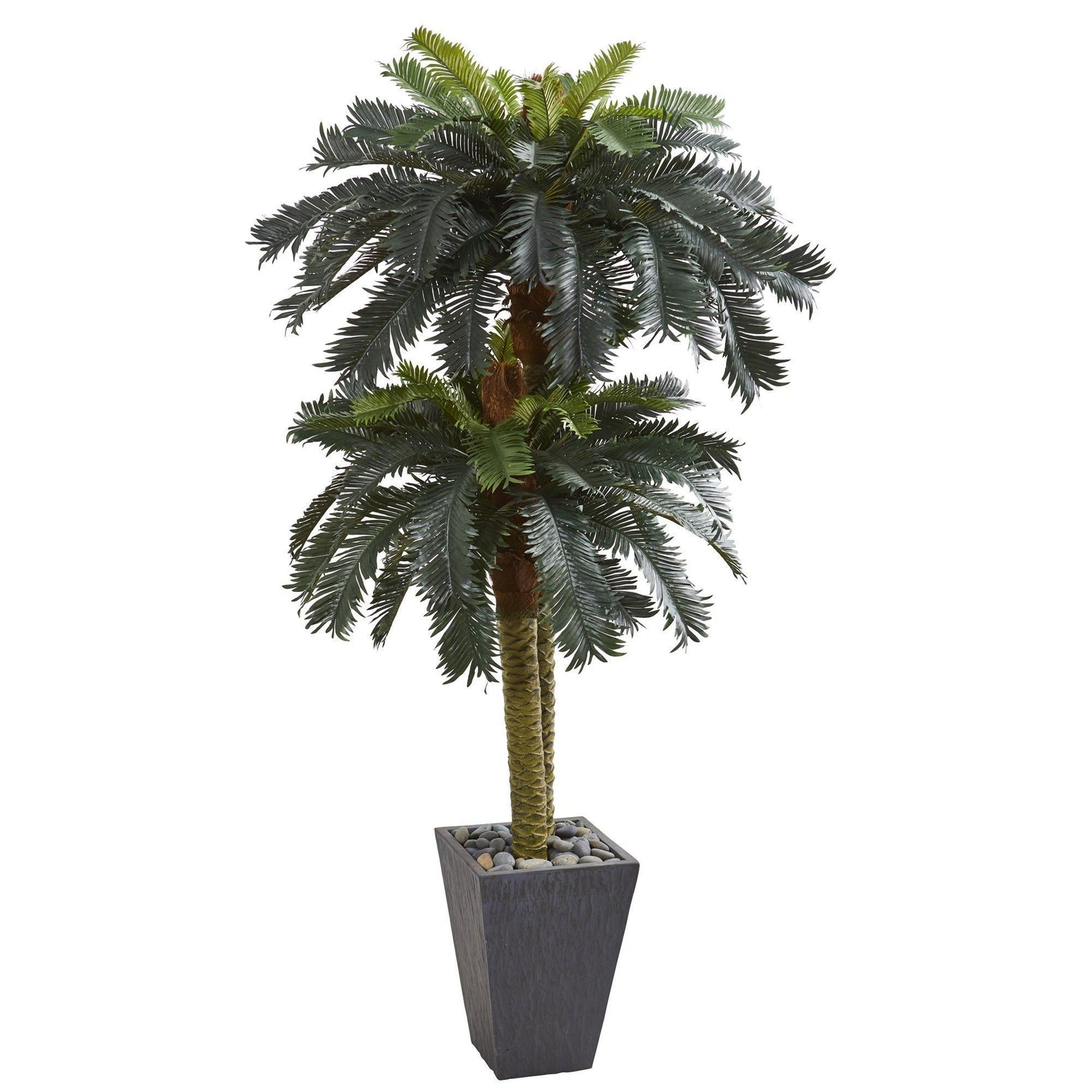6’ Double Sago Palm Artificial Tree Slate Finished Planter