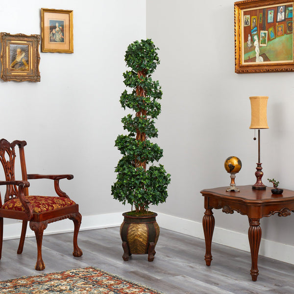 6’ English Ivy Topiary Spiral Artificial Tree in Decorative Planter (Indoor/Outdoor)