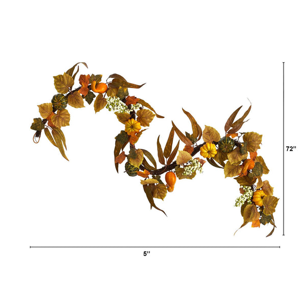 6’ Fall Green and Orange Assorted Pumpkin and Gourds with White Berries Artificial Autumn Garland