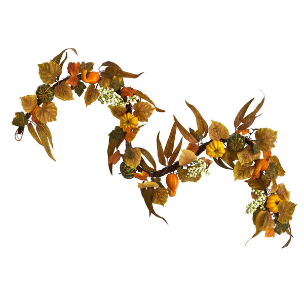6’ Fall Green and Orange Assorted Pumpkin and Gourds with White Berries Artificial Autumn Garland