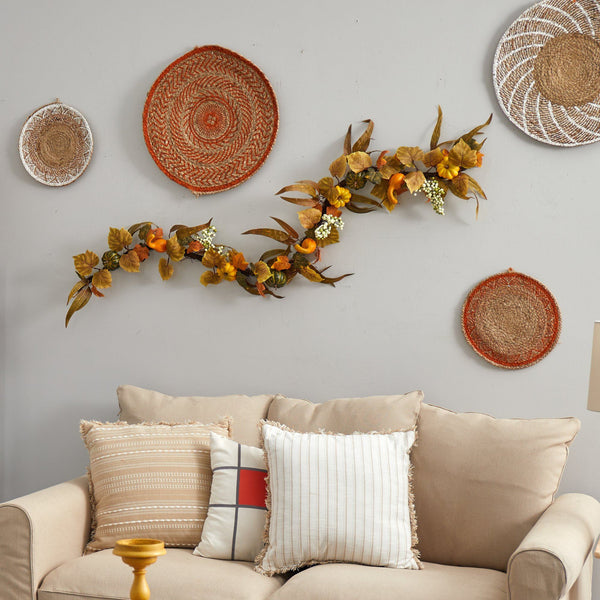 6’ Fall Green and Orange Assorted Pumpkin and Gourds with White Berries Artificial Autumn Garland