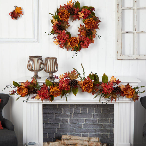 6’ Fall Ranunculus, Hydrangea and Berries Autumn Artificial Garland