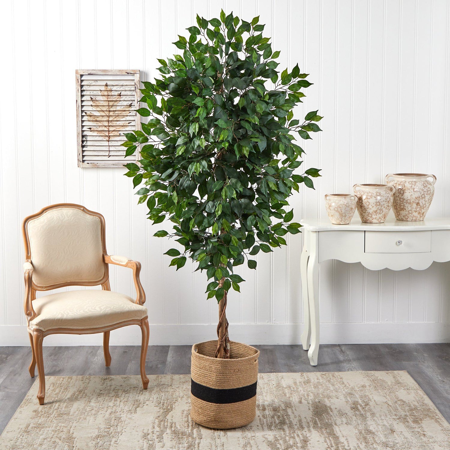 6’ Ficus Artificial Tree with Natural Trunk in Handmade Natural Cotton Planter