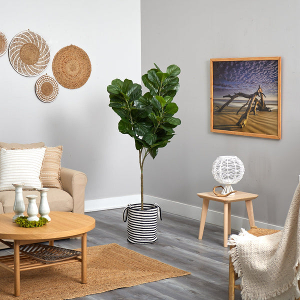 6’ Fiddle Leaf Fig Artificial Tree in Handmade Black and White Natural Jute and Cotton Planter