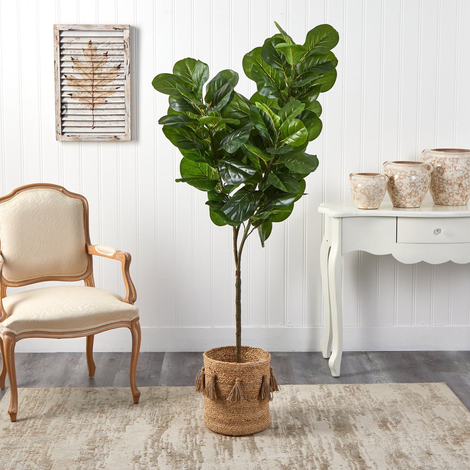6’ Fiddle Leaf Fig Artificial Tree in Handmade Natural Jute Planter with Tassels