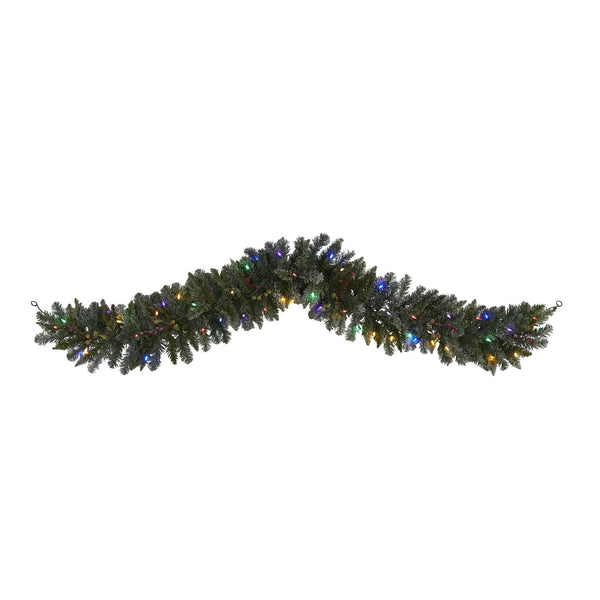 6' Flocked Artificial Christmas Garland with 50 Multicolored LED Lights and Berries
