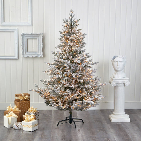 6’ Flocked Fraser Fir Artificial Christmas Tree with 500 Warm White Lights and 236 Bendable Branches