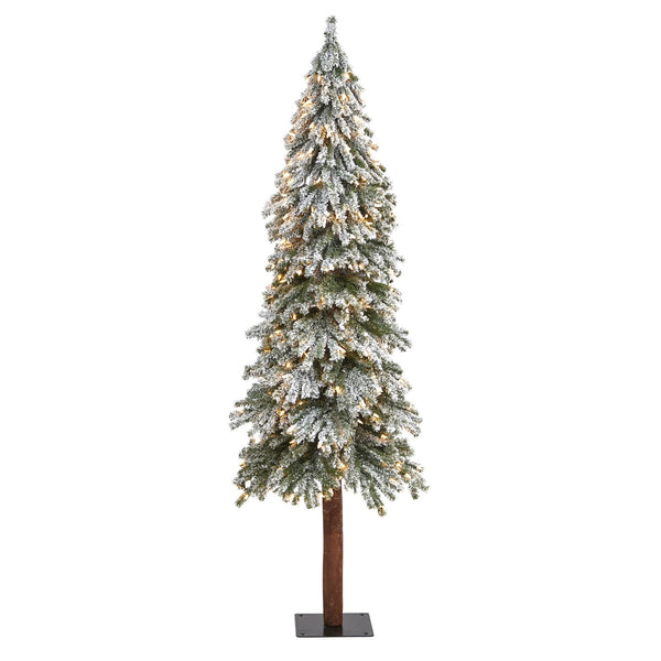 6’ Flocked Grand Alpine Artificial Christmas Tree with 300 Lights and 601 Branches on Natural Trunk