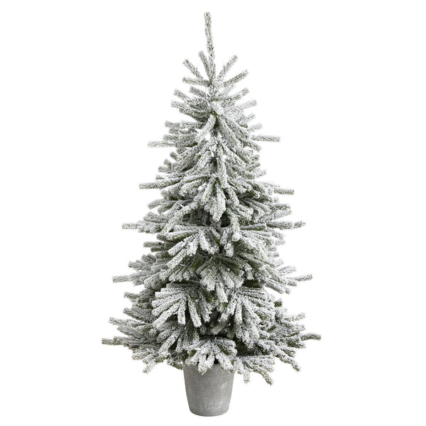 6’ Flocked Long Vermont Pine Tree with 758 Branches and 250 LED Lights in Decorative Planter