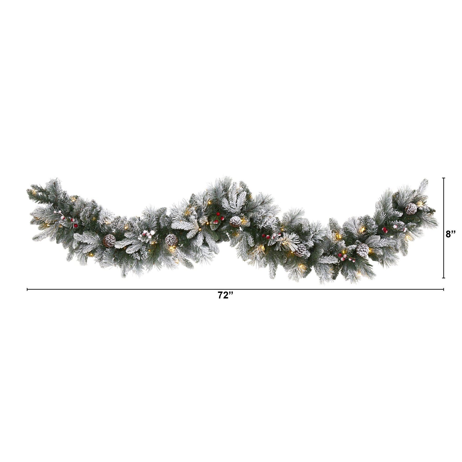 6’ Flocked Mixed Pine Artificial Christmas Garland with 50 LED Lights, Pine Cones and Berries