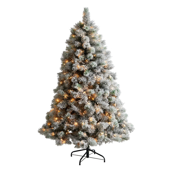 6’ Flocked Oregon Pine Artificial Christmas Tree with 300 Clear Lights and 551 Bendable Branches