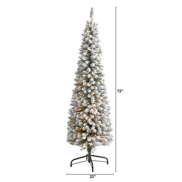 6’ Flocked Pencil Artificial Christmas Tree with 300 Clear Lights and 438 Bendable Branches