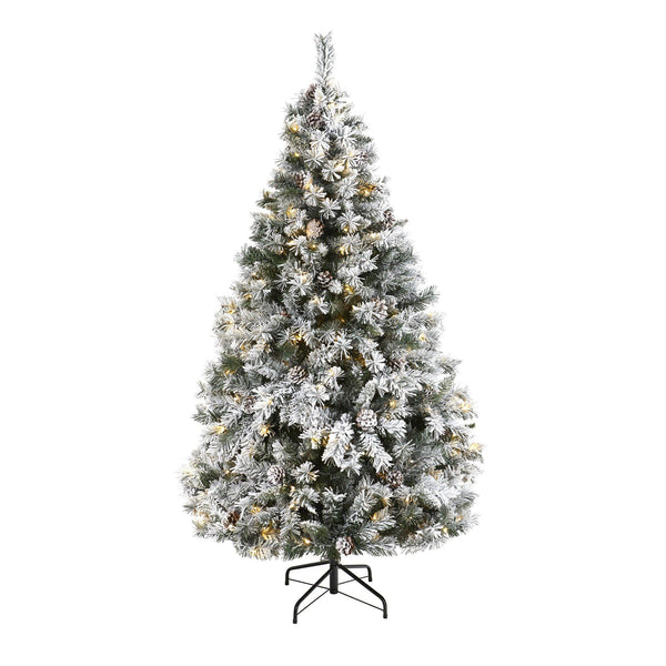 6' Flocked White River Mountain Pine Artificial Christmas Tree with Pinecones and 250 Clear LED Lights