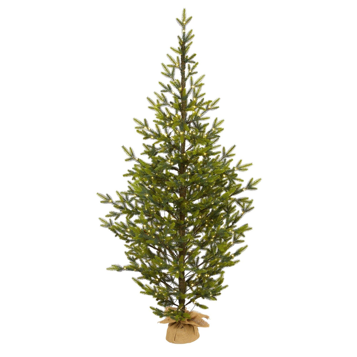 6’ Fraser Fir “Natural Look” Artificial Christmas Tree with 250 Clear LED Lights, a Burlap Base and 1243 Bendable Branches
