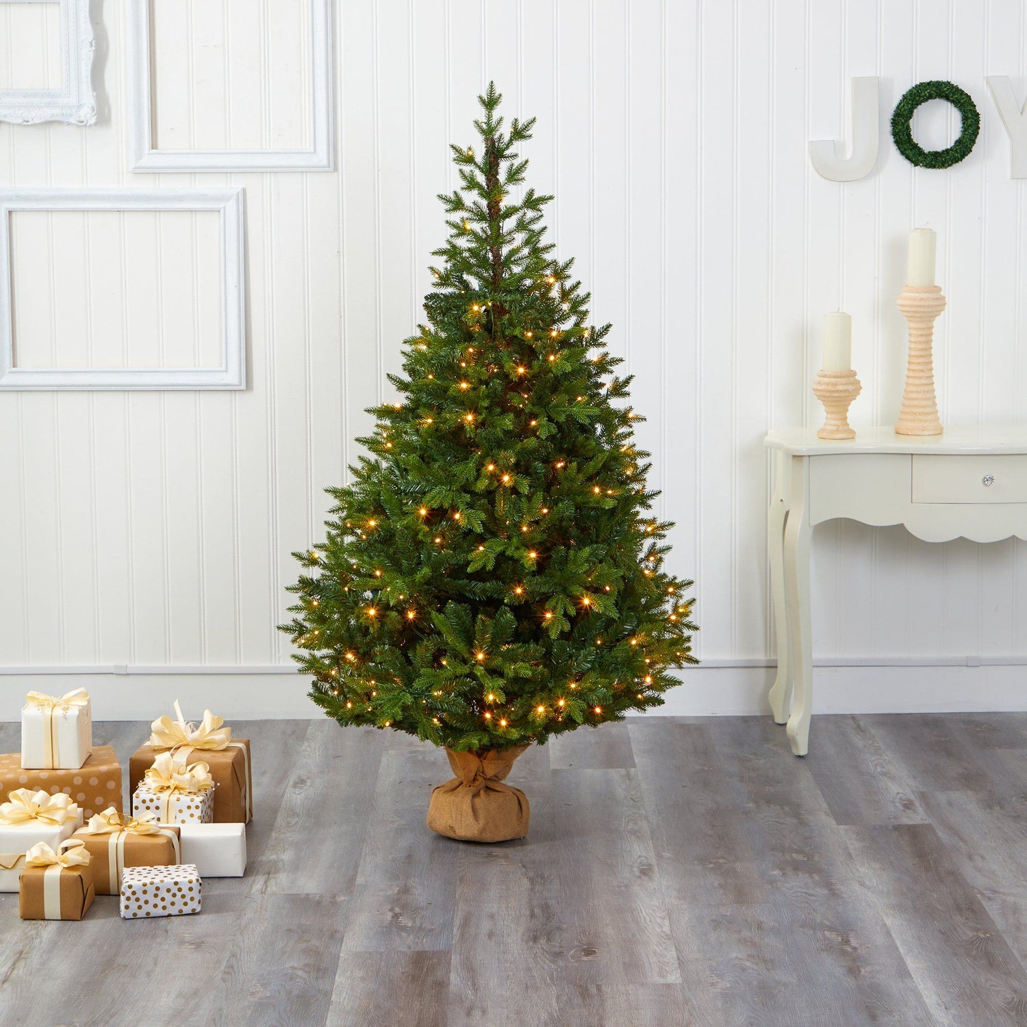 6’ Fraser Fir “Natural Look” Artificial Christmas Tree with 300 Clear LED Lights, a Burlap Base and 2113 Bendable Branches