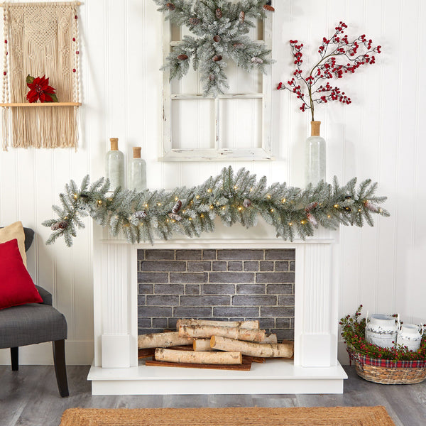 6' Frosted Artificial Christmas Garland with Pinecones and 50 Warm White LED Lights