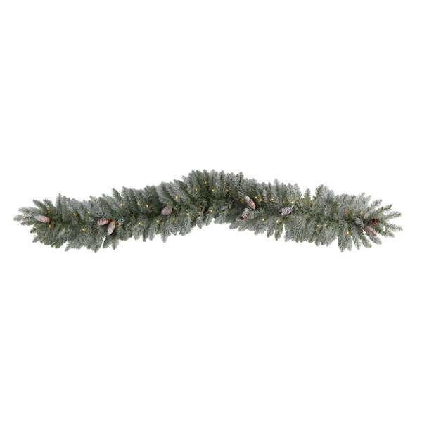 6' Frosted Artificial Christmas Garland with Pinecones and 50 Warm White LED Lights