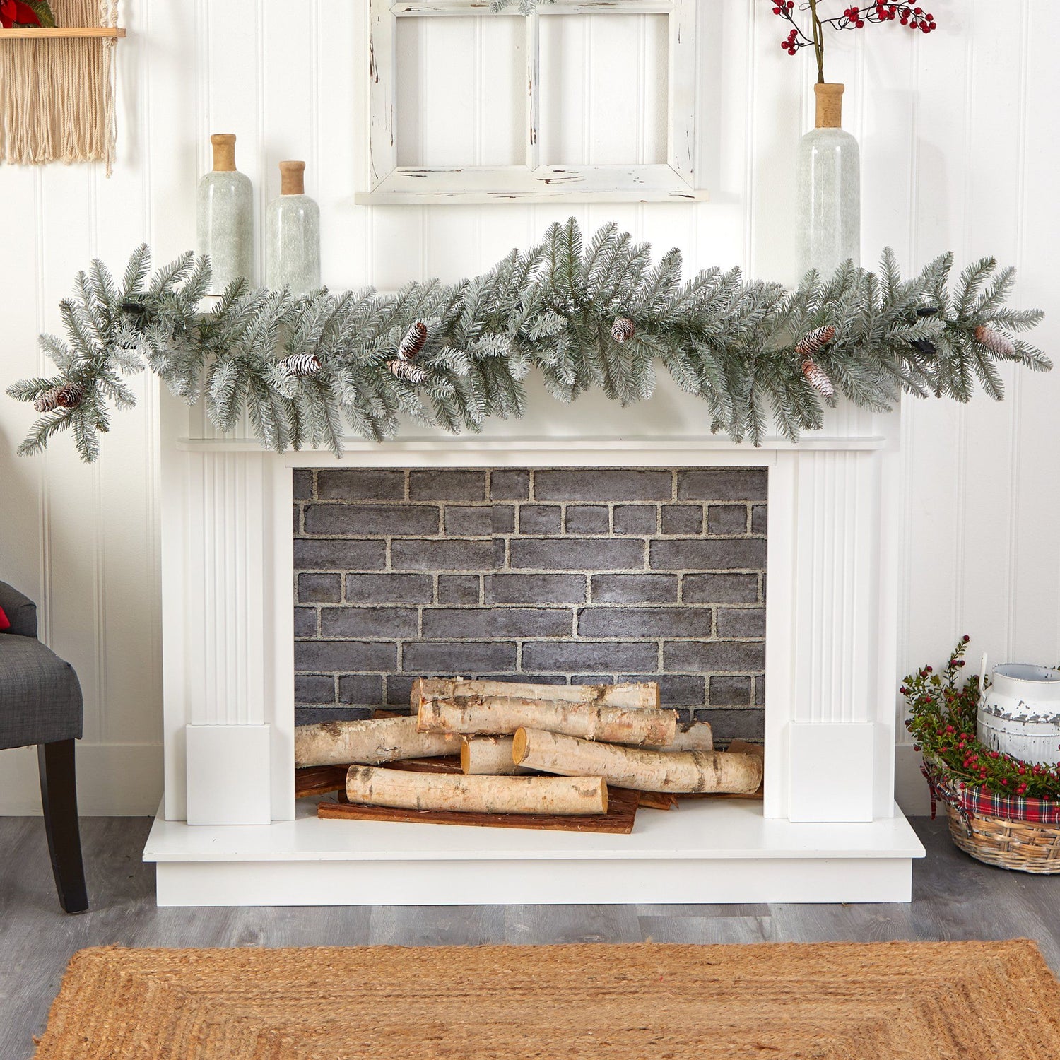 6' Frosted Artificial Christmas Garland with Pinecones and 50 Warm White LED Lights