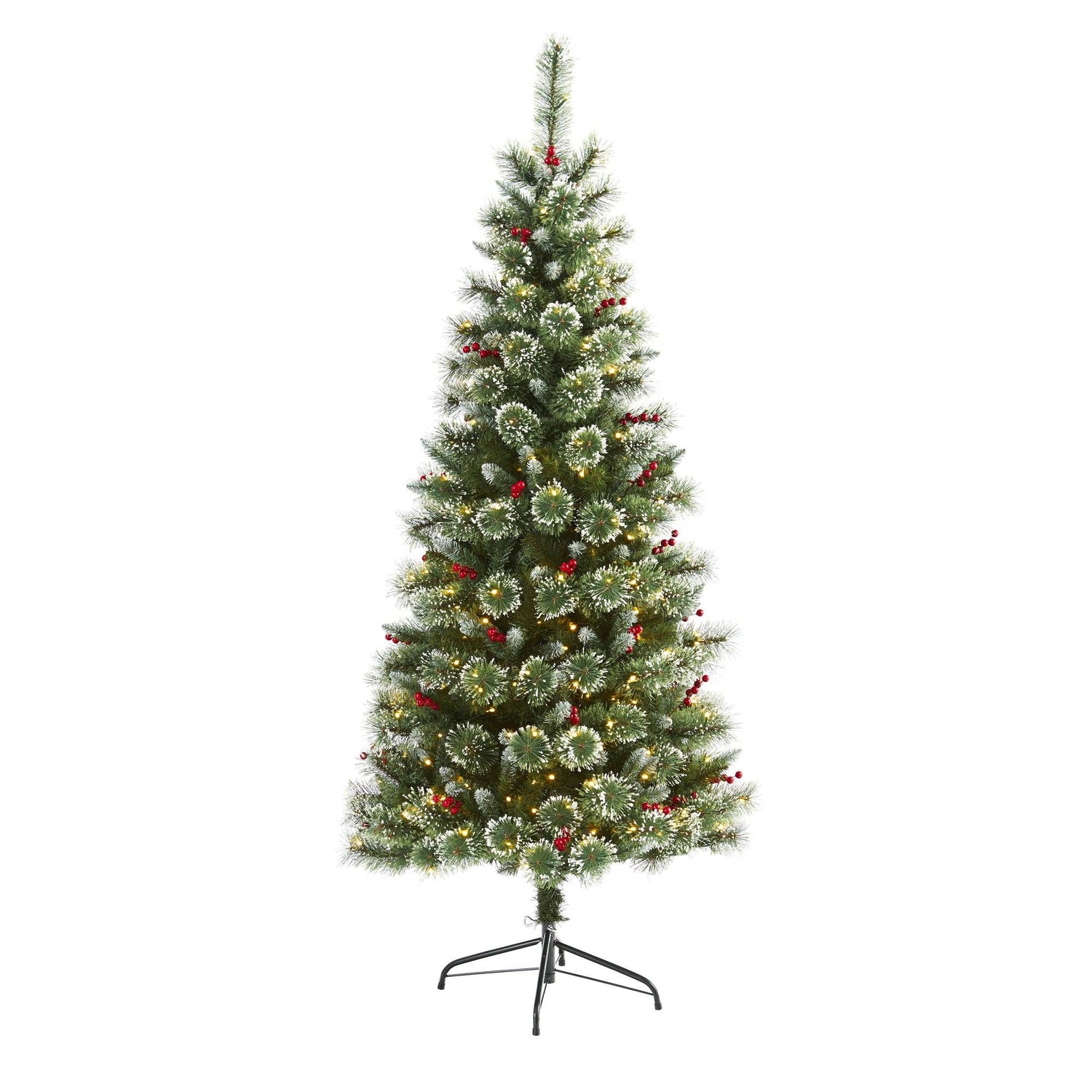 6’ Frosted Swiss Pine Artificial Christmas Tree with 300 Clear LED Lights and Berries