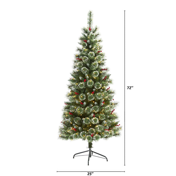 6’ Frosted Swiss Pine Artificial Christmas Tree with 300 Clear LED Lights and Berries
