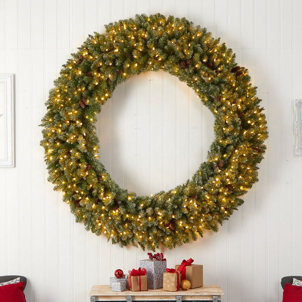 6’ Giant Flocked Christmas Wreath with Pinecones, 400 Clear LED Lights and 920 Bendable Branches