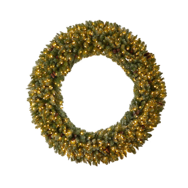 6’ Giant Flocked Christmas Wreath with Pinecones, 400 Clear LED Lights and 920 Bendable Branches